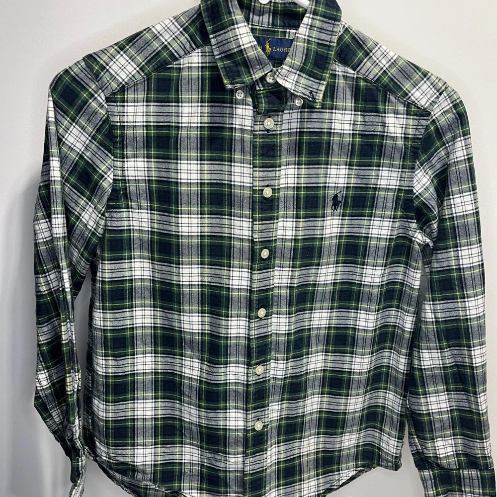 Ralph Lauren Boys Medium Green White Navy Plaid Button Down Shirt